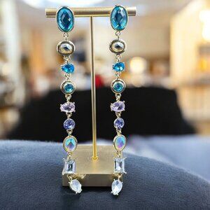 Long Crystal Drop Earrings Gold Tone Blue Pastel Statement Glam Event‎ Jewelry